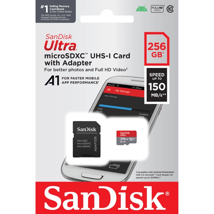 SANDISK Memorie MICRO SD ULTRA MOBILE ANDROID 256GB XC + ADATTATORE SD (A1,  U1, UHS I, C10 - 150MB/S LETTURA)