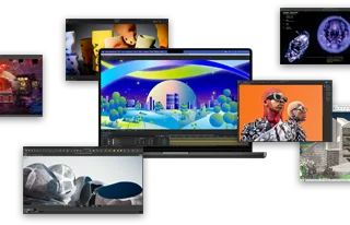Schermate di MacBook Pro che mostrano varie app, fra cui Adobe After Effects, Keynote, DaVinci Resolve, Autodesk Maya con renderer Arnold, Adobe Photoshop, Houdini e SketchUp
