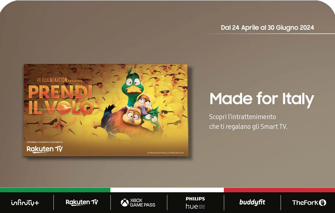 Dal 24 aprile al 30 giugno 2024 Made for Italy, scopri l'intrattenimento che ti regalano gli smart TV: Infinity+, Rakuten TV, xbox game pass, philips Hue, buddyfit e theFork
