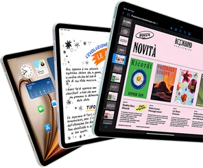Tre iPad Air che mostrano varie app e funzioni di iPadOS