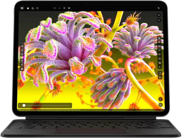 Un iPad Pro con un’app con grafica complessa, per mostrare le prestazioni del chip Apple M4