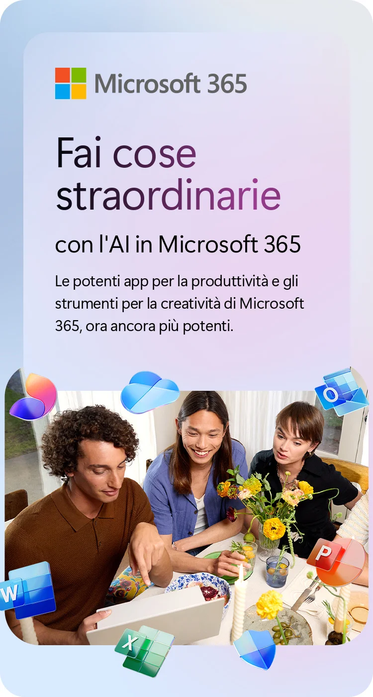 Fai cose straordinarie con l'AI in Microsoft 365, le potenti app per la produttività e gli strumenti per la creatività di Microsoft 365, ora ancora più potenti.