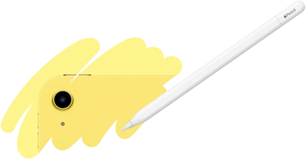 Un tratto di colore disegnato con l’Apple Pencil rivela il retro dell’iPad con la fotocamera posteriore.