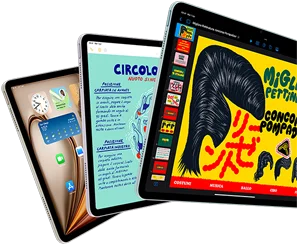 Tre iPad Air che mostrano varie funzioni di iPadOS