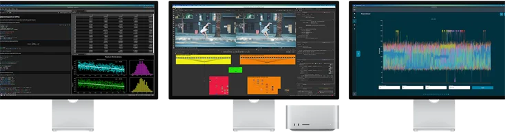 Mac Studio e tre Studio Display, tutti con app per macOS diverse sullo schermo