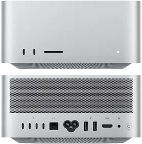Un Mac Studio mostrato di fronte con 2 porte USB‑C e il lettore di schede SDXC, e mostrato da dietro con 4 porte USB‑C, 2 porte USB‑A, una porta Ethernet, una porta HDMI e il jack per cuffie
