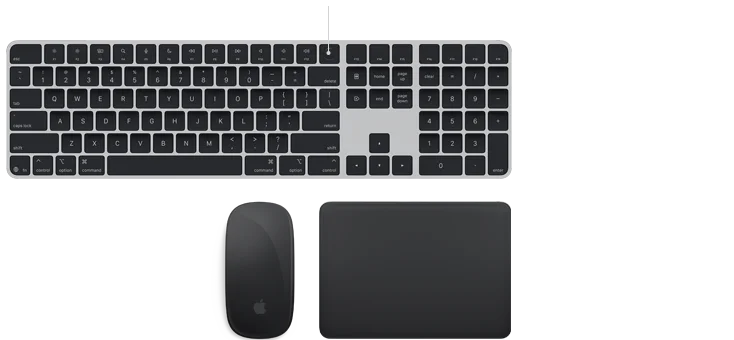 Accessori per Mac: AirPods, Studio Display, Magic Keyboard nera con Touch ID, Magic Mouse nero e Magic Trackpad nero