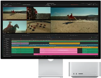 Il montaggio di un film eseguito con un Mac Studio collegato a Studio Display