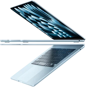 Due MacBook Air celesti aperti che riproducono la forma di una freccia, per evidenziare il profilo sottile