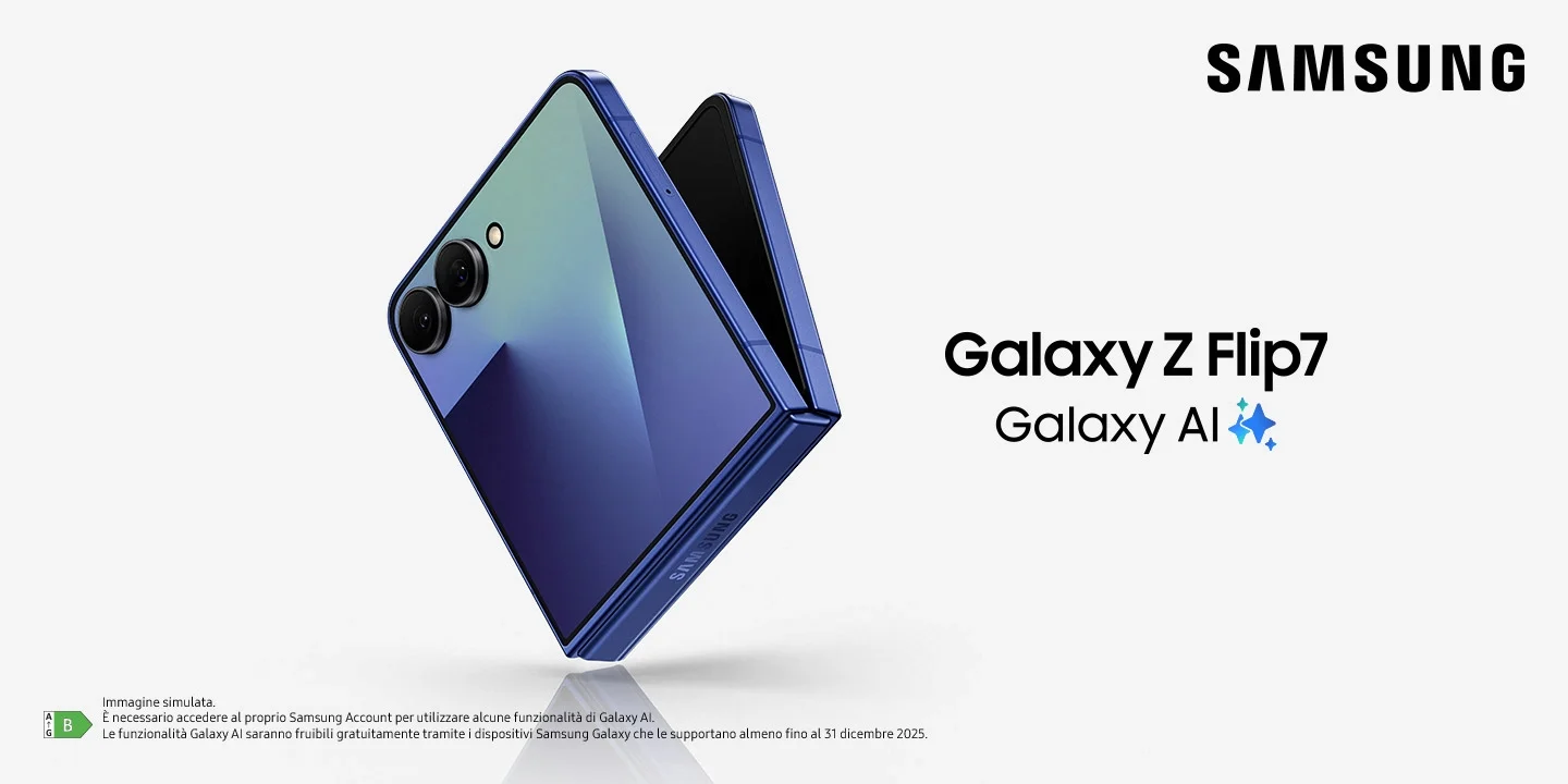 Samsung - Galaxy Z Flip7 | Galaxy AI - Immagine simulata. È necessario accedere al proprio Samsung account per utilizzare alcune funzionalità di Galaxy AI. Le funzionalità Galaxy AI saranno fruibili gratuitamente tramite i dispositivi Samsung Galaxy che le supportano almeno fino al 31 dicembre 2025. Samsung - Galaxy Z Flip7 | Galaxy AI - Immagine simulata. È necessario accedere al proprio Samsung account per utilizzare alcune funzionalità di Galaxy AI. Le funzionalità Galaxy AI saranno fruibili gratuitamente tramite i dispositivi Samsung Galaxy che le supportano almeno fino al 31 dicembre 2025.