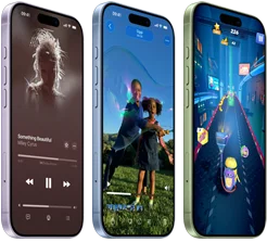 Vari iPhone 17 visti di fronte e di lato, che mostrano Apple Music, riproduzione video, videogioco, tasto Azione, tasti del volume