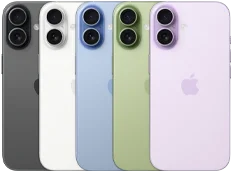 iPhone 17 mostrato da dietro, sistema a doppia fotocamera Fusion, cinque colori disponibili, sovrapposti l’uno sull’altro: nero, bianco, salvia, azzurro nebbia e lavanda