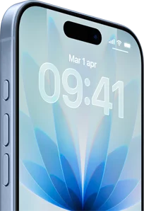 iPhone 17 azzurro nebbia mostrato di fronte, Dynamic Island al centro, tasto Azione, tasti del volume