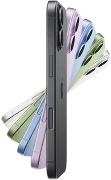 iPhone 17 mostrato di lato, cinque colori: nero, lavanda, azzurro nebbia, salvia e bianco