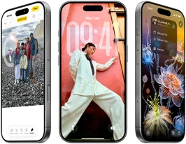 3 iPhone 17 Pro affiancati, mostrati di fronte, sullo schermo si notano iOS 26, l’effetto Liquid Glass e Apple Intelligence