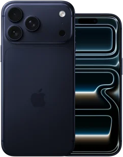 Uno accanto all’altro, un iPhone 17 Pro Max blu profondo mostrato da dietro, con sistema di fotocamere Pro, 3 obiettivi, microfono, flash, e un iPhone 17 Pro blu profondo mostrato di fronte, con design all-screen