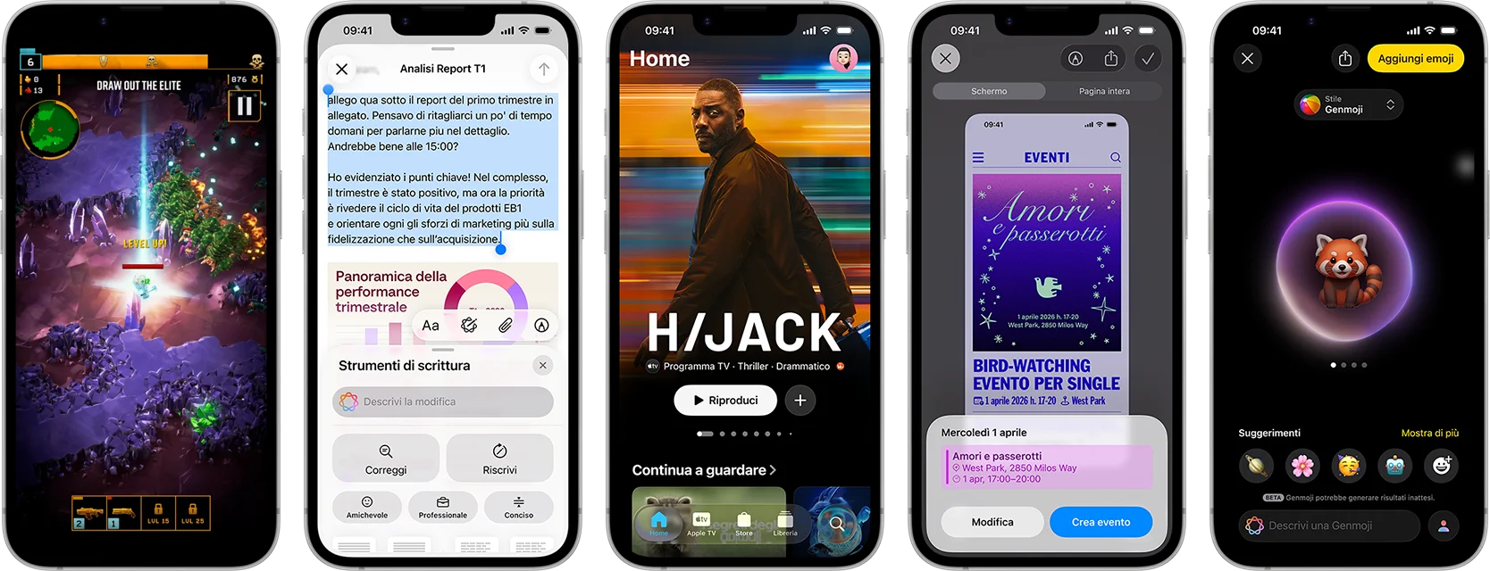 Degli iPhone 17e affiancati che mostrano varie schermate: la scena di un gioco, gli Strumenti di scrittura, l’app Apple TV, la creazione di un evento nel Calendario, la creazione di una Genmoji