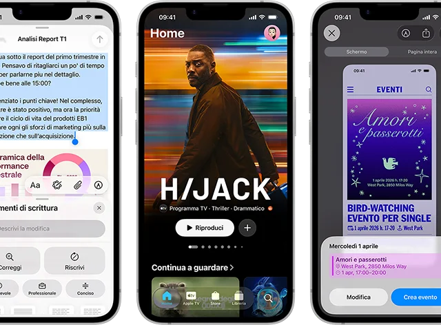 Degli iPhone 17e affiancati che mostrano varie schermate: la scena di un gioco, gli Strumenti di scrittura, l’app Apple TV, la creazione di un evento nel Calendario, la creazione di una Genmoji