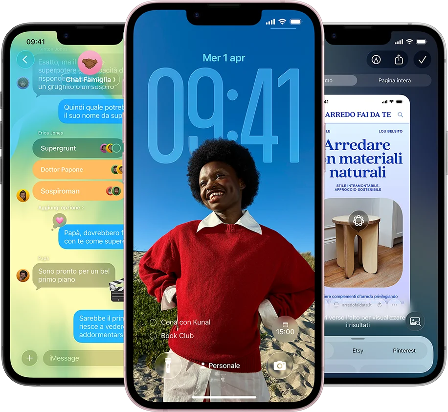 Tre iPhone 17e che mostrano l&rsquo;app Messaggi con design Liquid Glass, la schermata di blocco dinamica e intelligenza visiva in uso