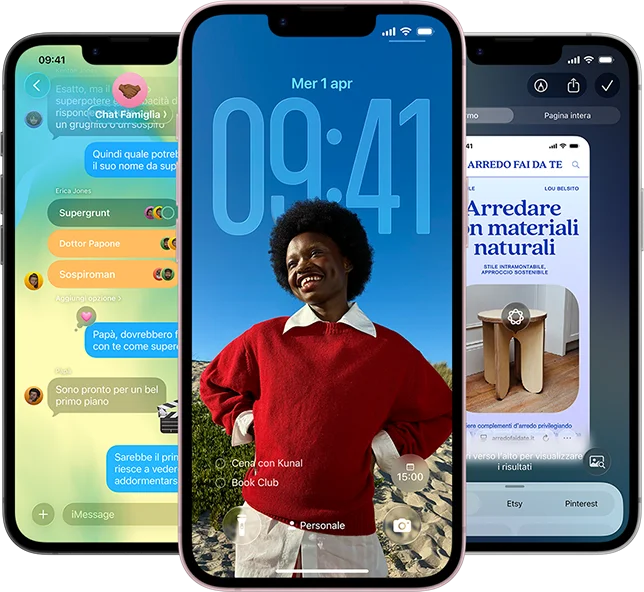 Tre iPhone 17e che mostrano l&rsquo;app Messaggi con design Liquid Glass, la schermata di blocco dinamica e intelligenza visiva in uso