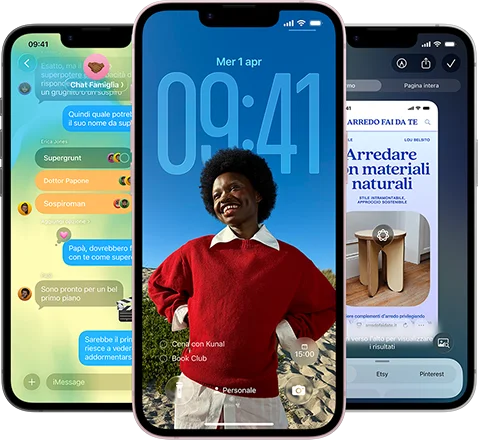 Tre iPhone 17e che mostrano l&rsquo;app Messaggi con design Liquid Glass, la schermata di blocco dinamica e intelligenza visiva in uso