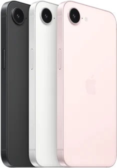 Un iPhone 17e nero in orizzontale mostrato da dietro, un iPhone 17e bianco in orizzontale mostrato da dietro, un iPhone 17e rosa chiaro in orizzontale mostrato da dietro, fotocamera Fusion nella parte superiore, tasto laterale