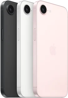 Un iPhone 17e nero in orizzontale mostrato da dietro, un iPhone 17e bianco in orizzontale mostrato da dietro, un iPhone 17e rosa chiaro in orizzontale mostrato da dietro, fotocamera Fusion nella parte superiore, tasto laterale