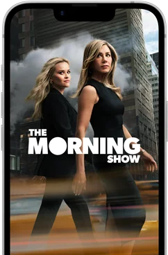 Un iPhone 17e visto di fronte che mostra la serie The Morning Show di Apple TV Plus