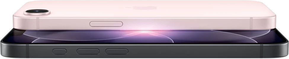 iPhone 17e rosa chiaro, in orizzontale, mostrato da dietro; iPhone 17e nero, in orizzontale, mostrato di fronte