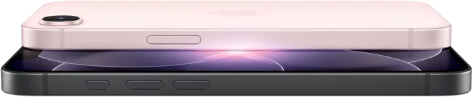 iPhone 17e rosa chiaro, in orizzontale, mostrato da dietro; iPhone 17e nero, in orizzontale, mostrato di fronte