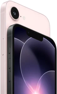 iPhone 17e rosa chiaro, in orizzontale, mostrato da dietro; iPhone 17e nero, in orizzontale, mostrato di fronte