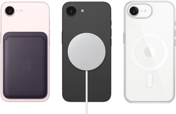 Un iPhone 17e rosa chiaro mostrato da dietro con portafoglio MagSafe in tessuto FineWoven agganciato, iPhone 17e nero mostrato da dietro con alimentatore MagSafe agganciato, iPhone 17e bianco mostrato da dietro con custodia MagSafe trasparente agganciata