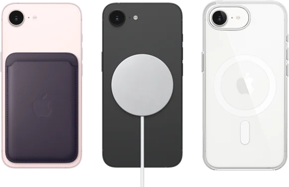 Un iPhone 17e rosa chiaro mostrato da dietro con portafoglio MagSafe in tessuto FineWoven agganciato, iPhone 17e nero mostrato da dietro con alimentatore MagSafe agganciato, iPhone 17e bianco mostrato da dietro con custodia MagSafe trasparente agganciata