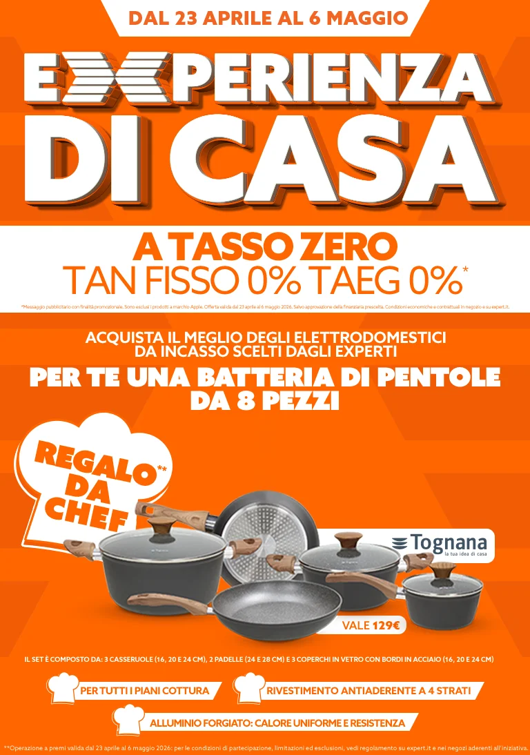 Dal 23 aprile al 6 maggio. Regalo da chef Tognana, Acquista elettrodomestici da incasso tra una selezione, in regalo set composto da 3 casseruole (16,20,24cm), 2 padelle 24 e 28cm e 3 coperchi in vetro, (16,20 e 24cm)